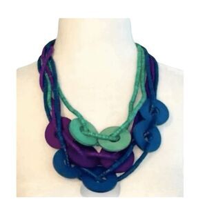Vintage Chunky Beaded‎ Necklace Purple Green Blue Wood Beads Multi-Strand